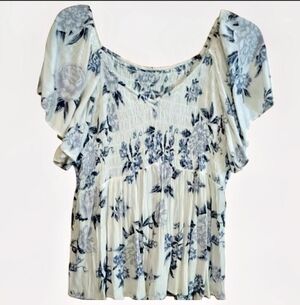 Floral Blue and White Peasant Top